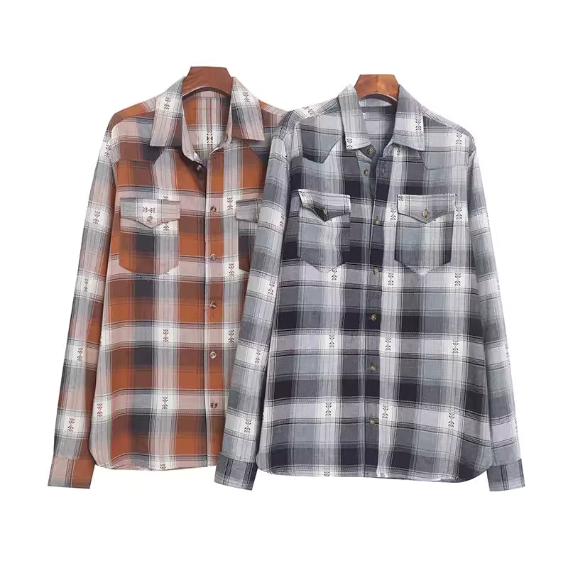 Women's heavy-duty embroidered plaid shirt, loose fit, casual style, simple and elegant.  11386