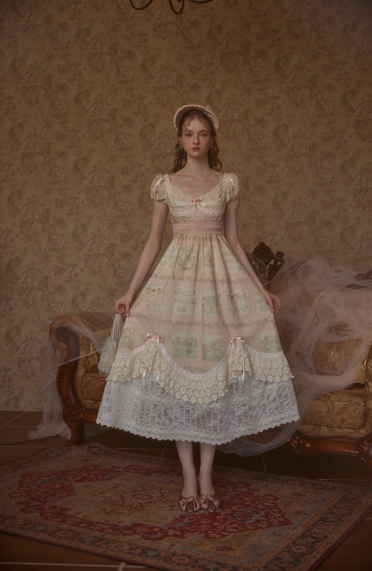 French court style empire dress printed lace dress cotton R5072