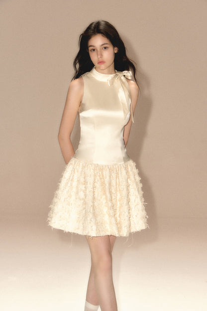 Satin Bow Tie Vest Dress Chanel Style Sleeveless Tutu Skirt R5173