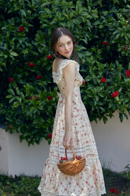 French cotton pastoral lace print dress fishbone skirt square neck women R5071