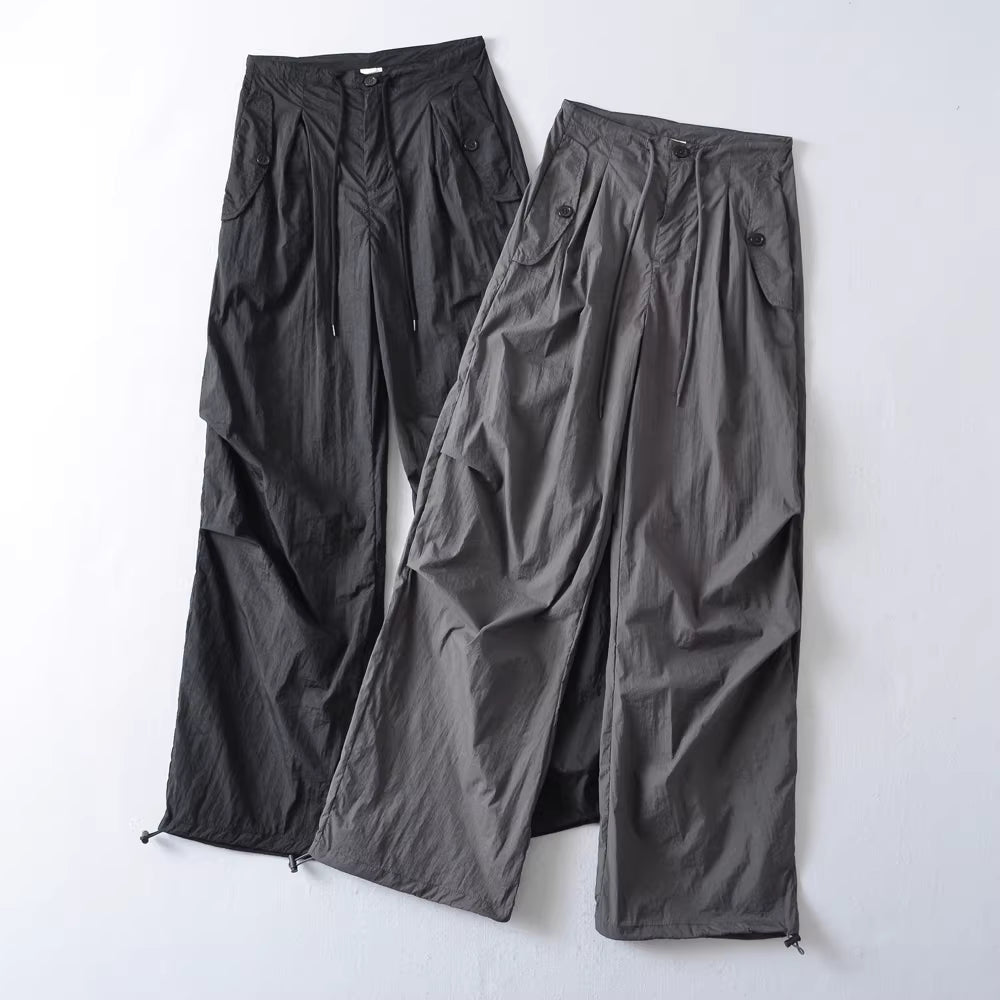 American-style hot girl loose drawstring mid-waist cargo pants women's spring and summer new retro straight leg wide-leg pants quick-drying floor-length pants 11395