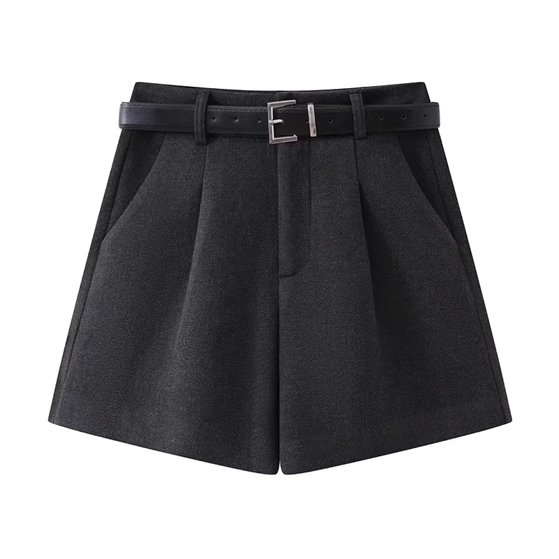 Women's grey wool suit shorts, spring and autumn warm pants, culottes, slimming, loose, high-waisted, wide-leg bootcut pants for slightly chubby women 11413