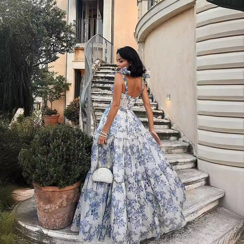 Pink/Blue Sweet A Line Floral Chiffon Long Elegant Floor Length Ball Gown Evening Gown Wedding Party Gown Prom Gown Graduation Gown gh2794