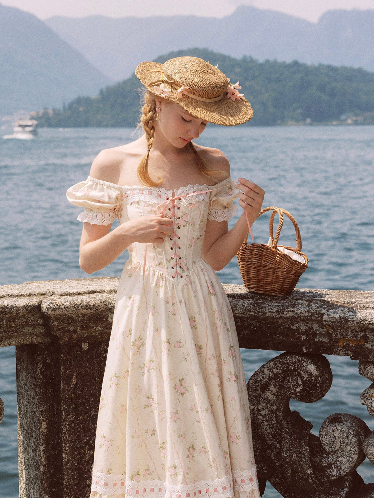 French design pastoral style printed slim fishbone corset dress homecoming dress R5163