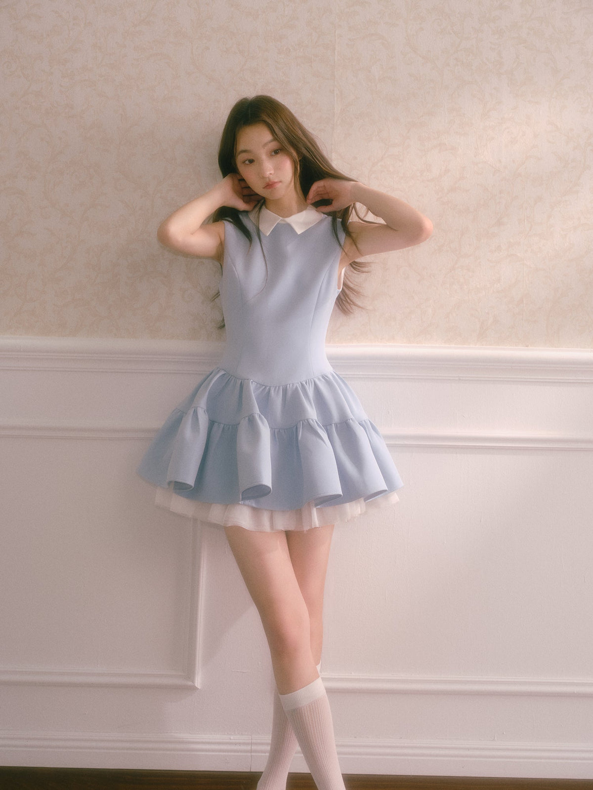 Blue shirt collar vest dress with multi-layered puffy patchwork waist sleeveless dress R5174