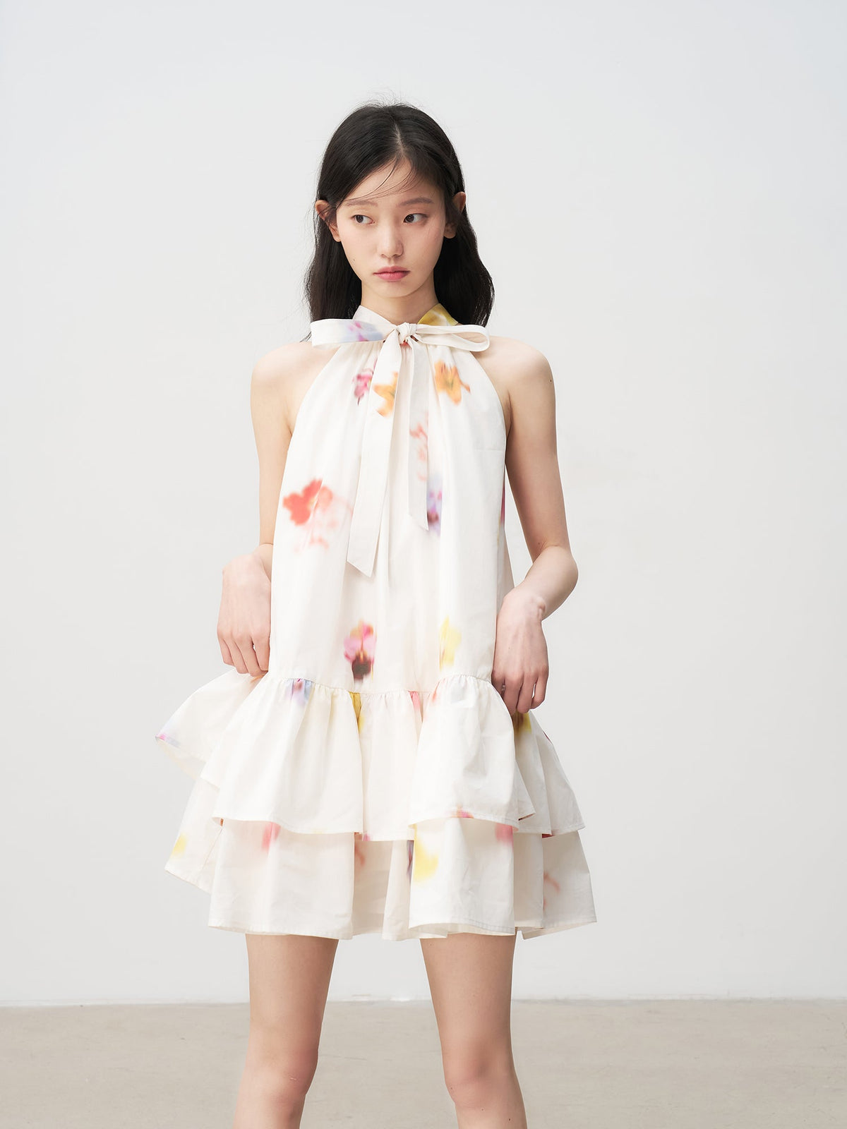 Sleeveless Floral Bow Tie Halter Dress with Ruffled Hem Tutu Skirt R5169