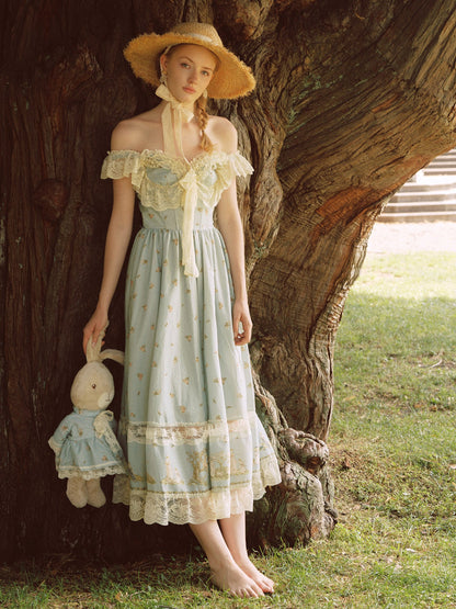 French pastoral style heavy embroidery lace splicing suspender long dress homecoming dress R5145