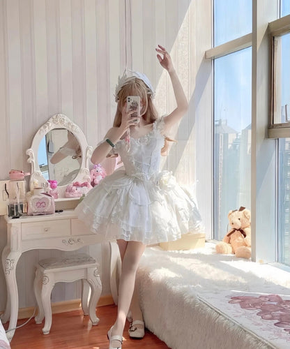 French Ball Gown Straps Short Tulle White Lolita Dresses Party Dress Birthday Outfits