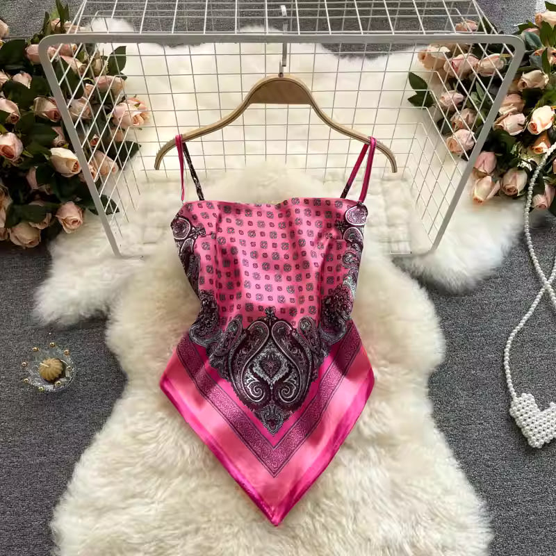 European and American style women's camisole with unique print, subtle backless design, knotted neckline, slim fit, and versatile style. 11494