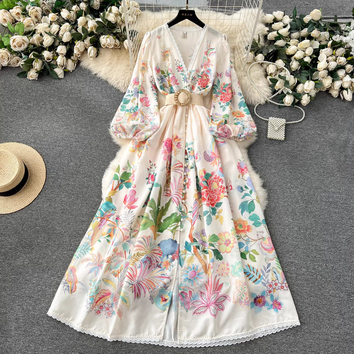 French court style dress for women, sweet lace trim, V-neck, button-down, slim fit, long, printed dress with a stylish design. 11495
