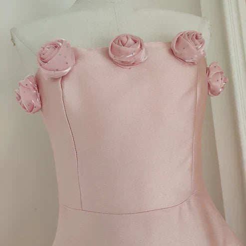 Retro Pink 3D Flowers Design A-line Strapless Satin Mini Party Dress Homecoming Dress TP4045