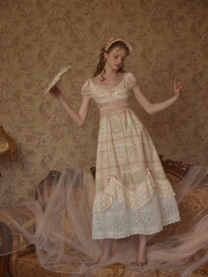 French court style empire dress printed lace dress cotton R5072