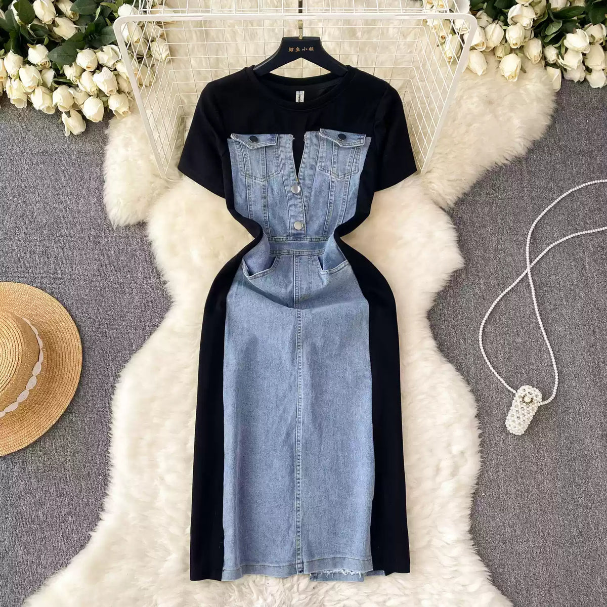 Fashion Design Sense Crew Neck Short Sleeve Patchwork Denim Dress TP2829