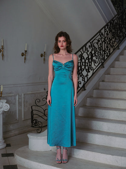 French retro textured satin slim long blue suspender dress holiday dress homecoming dress R5123