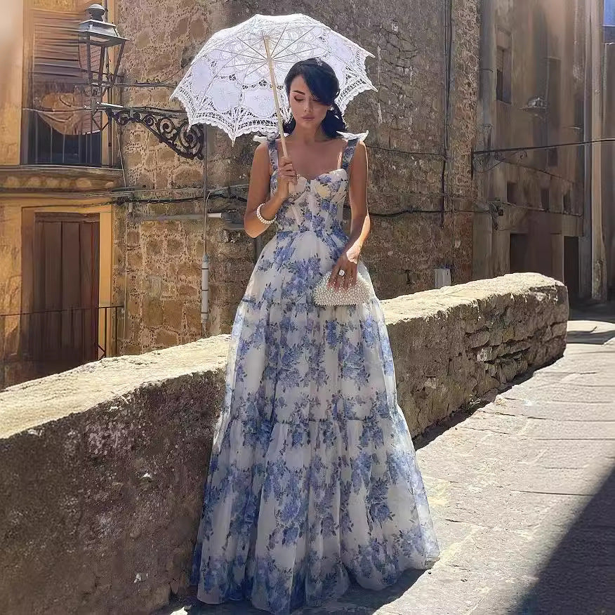 Pink/Blue Sweet A Line Floral Chiffon Long Elegant Floor Length Ball Gown Evening Gown Wedding Party Gown Prom Gown Graduation Gown gh2794