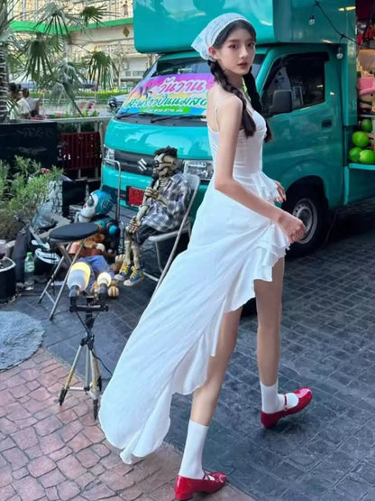 New Fashion White Irregular Ruffled Hem Design A-line Sleeveless Spaghetti Strap Dress TP3299