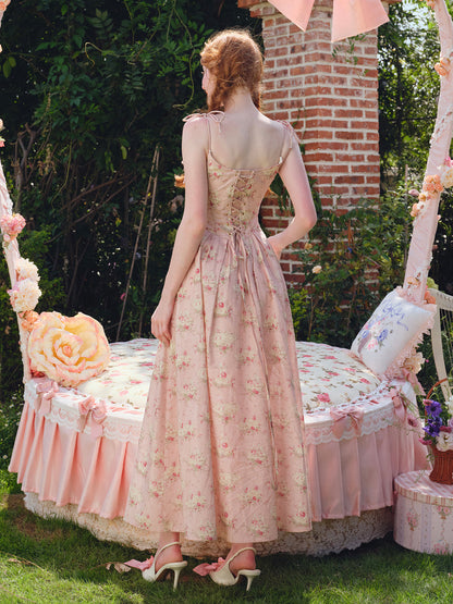 French Sweet Printed Strapless Fishbone Pink Slimming Dress R5106