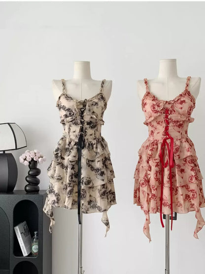 New Fashion Floral Ruffled Design A-line Cinched Waist Sleeveless Spaghetti Strap Dress TP3303