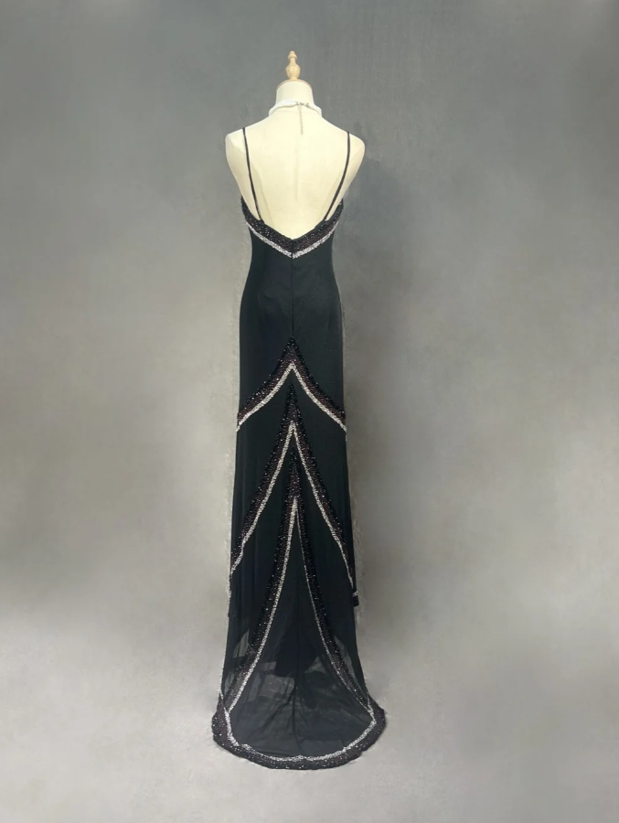 Stylish Spaghetti Straps Black Satin Beaded Mermaid Long Party Dress Formal Wedding Guest Dress SP1279