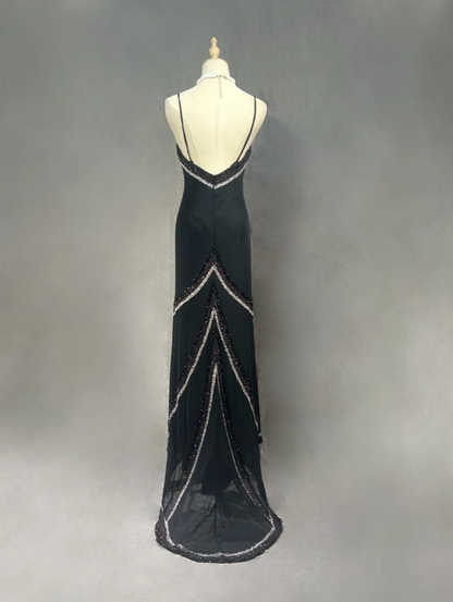 Stylish Spaghetti Straps Black Satin Beaded Mermaid Long Party Dress Formal Wedding Guest Dress SP1279