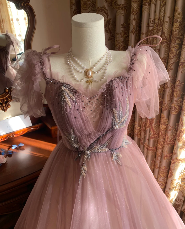 Sweet Tulle Sequin Beaded Ball Gown Pink Long Evening Dress Birthday Party Dress
