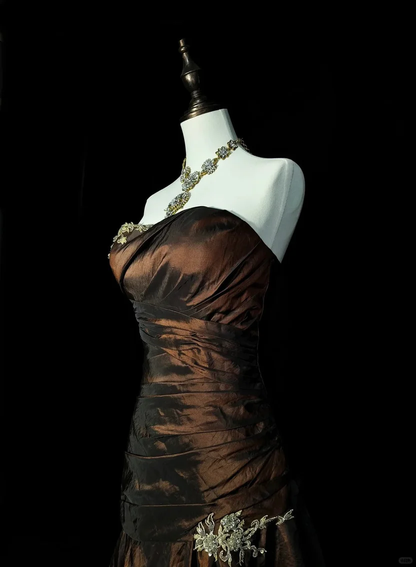 Vintage Brown Strapless Beaded Satin Mermaid Long Wedding Guest Dress Birthday Party Dress Evening Gown