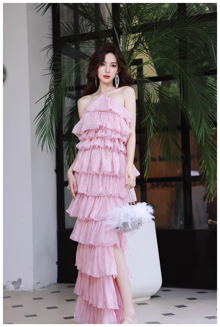 Pretty Pink Halter Chiffon Ruffle Layered Slit Long Birthday Prom Dress Evening Gown