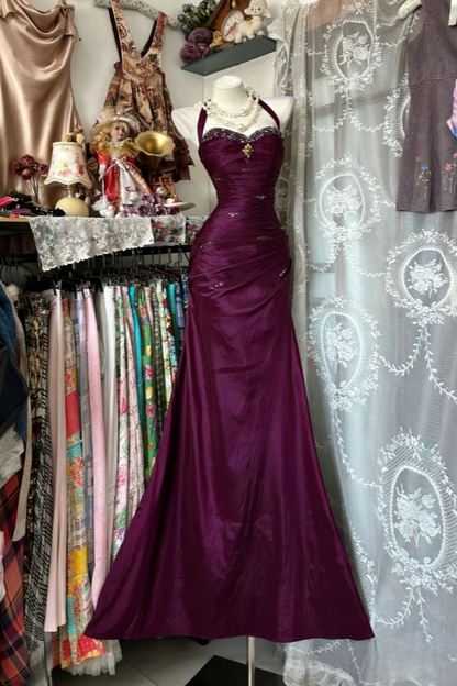 Vintage Blue Halter Satin Beaded Mermaid Evening Dress Prom Gown Long Wedding Guest Dress SP1473