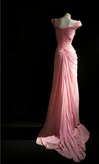Elegant Pink Chiffon Pleated Mermaid Long Wedding Guest dress Formal Birthday Party Gowns With Beads SP1582