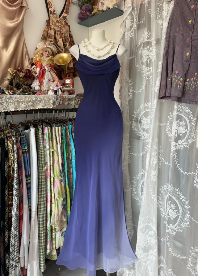 Vintage Spaghetti Straps Ombre Purple Mermaid Long Party Dress Evening Gown