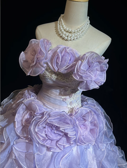 Fairy Princess Ball Gown Lilac Strapless Organza Pleated Ruffles Birthday Quinceanera Dress With Appliques SP1818