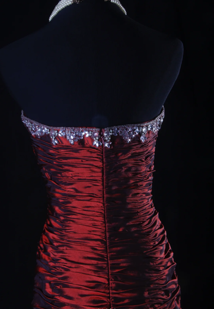 Vintage Strapless Burgundy Satin Pleated Mermaid Long Party Dress Prom Gown With Beads
