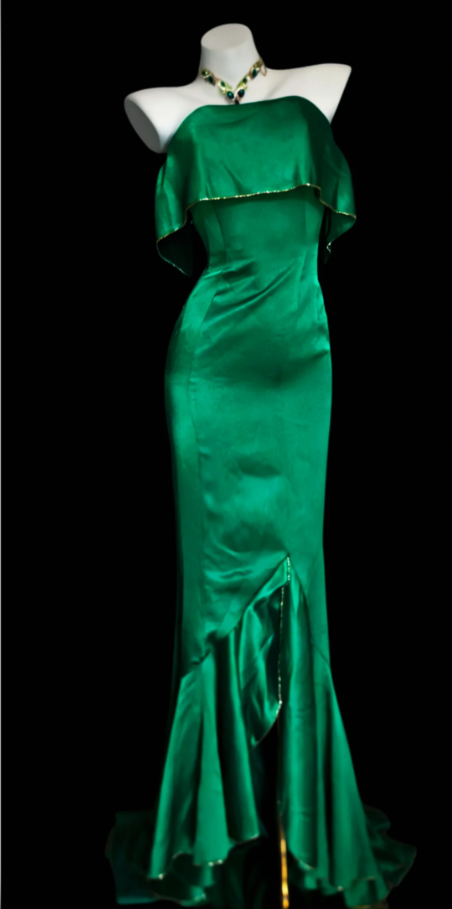Fashion Strapless Satin Mermaid Long Wedding Guest Dress Green Party Dress SP1591