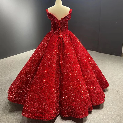 Royal blue sequin prom ball gown sweet 16 dress off the shoulder princess Quince dress  c2767