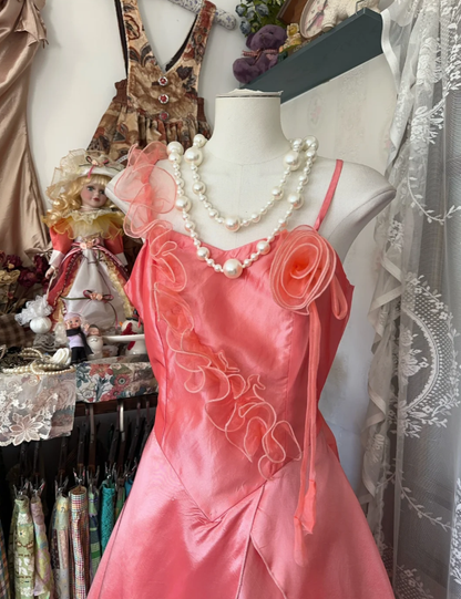 Pretty Spaghetti Straps Peach Pink Satin Long Party Dress Evening Gown