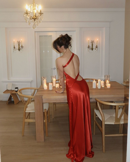 Simple Red One Shoulder Satin Backless Long Party Dress Formal Evening Gown
