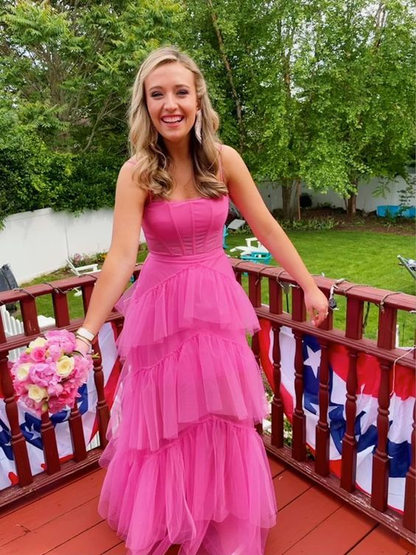 Spaghetti Straps Layered Tulle Graduation Dresses,Long Prom Dress Outfits Y6804