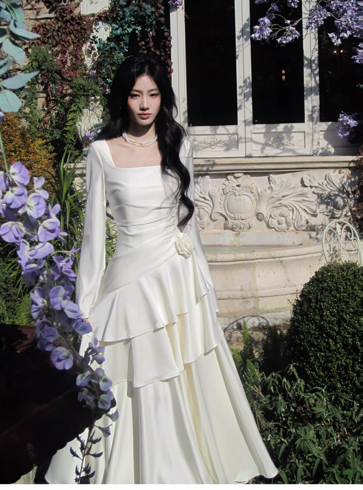 Elegant White Square Neck Satin Layered Ruffles Mermaid Long Evening Dress Birthday Dress SP1646