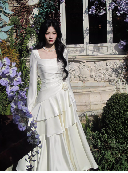 Elegant White Square Neck Satin Layered Ruffles Mermaid Long Evening Dress Birthday Dress SP1646