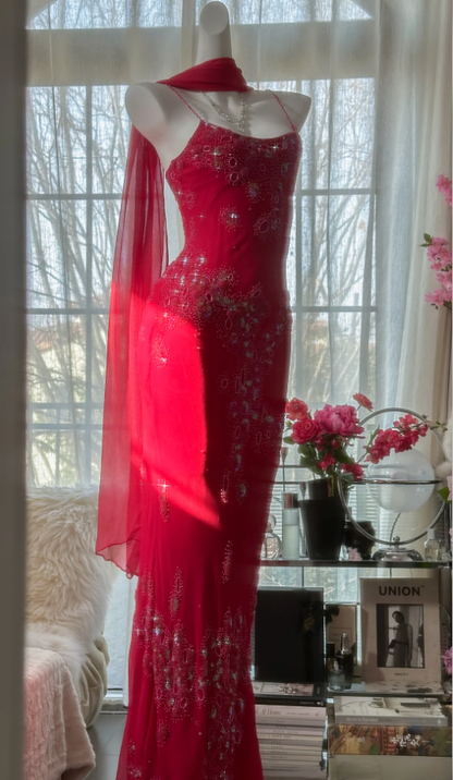 Pretty Red Spaghetti Straps Chiffon Beaded Mermaid Evening Dress Long Birthday Party Dress Prom Gown