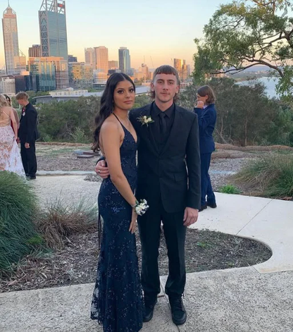 Pretty Spaghetti Straps V Neck Tulle Sequin Mermaid Evening Dress Navy Blue Long Wedding Guest Dress SP1322