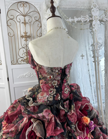 Vintage Strapless Ball Gown Chiffon Rose Floral Ruffle Princess Quinceanera Dress SP1771
