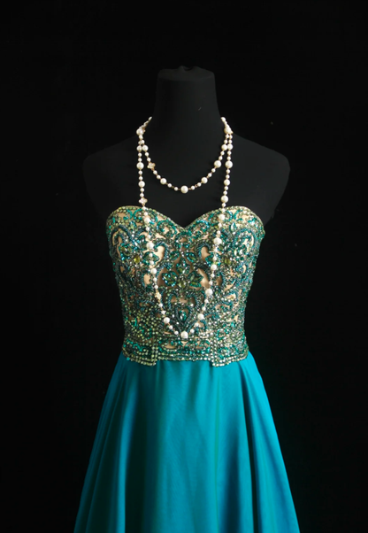 Unique Blue Green Strapless Satin Beaded Long Wedding Guest Dress Formal Birthday Party Dress Prom Gown
