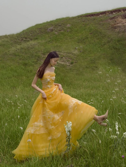Classy Yellow Strapless Tulle Long Wedding Guest Evening Dress  SP1191