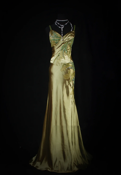 Stylish Spaghetti Straps V Neck Satin Beaded Mermaid Long Evening Dress Formal Wedding Guest Dress SP1696