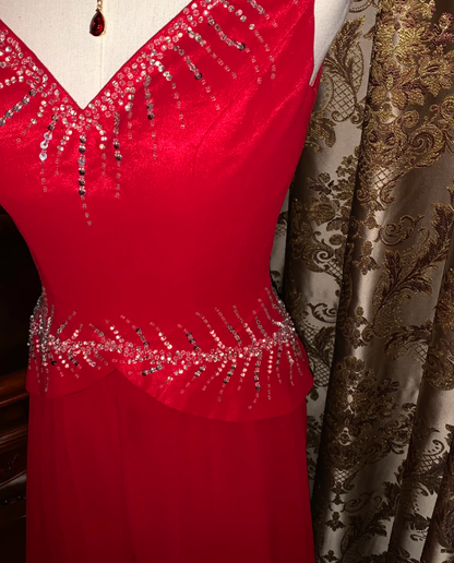 Glitter V Neck Sleeveless Satin Tulle Beaded Mermaid Long Evening Dress Party Gown