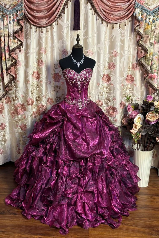 Retro Sweetheart Neck Purple Organza Pleated Beaded Ball Gown Formal Birthday Quinceanera Dress