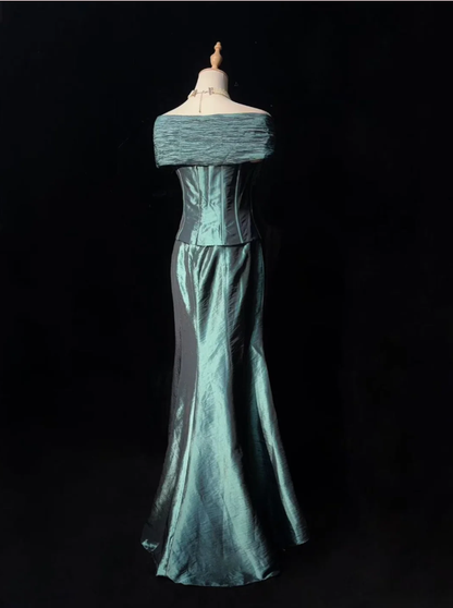 Retro Green Off The Shoulder Satin Pleated Mermaid Evening Dress Long Wedding Guest Dress SP1787