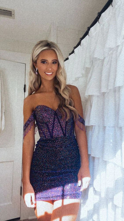 Vintage Purple Beaded Sweetheart Off-the-shoulder Sheath Homecoming Dress Party Dress Cocktail Dress TP4756