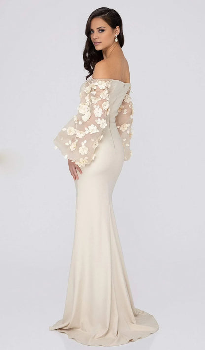 Off shoulder collar long sleeved 3D floral and floor length mother of the bride dress